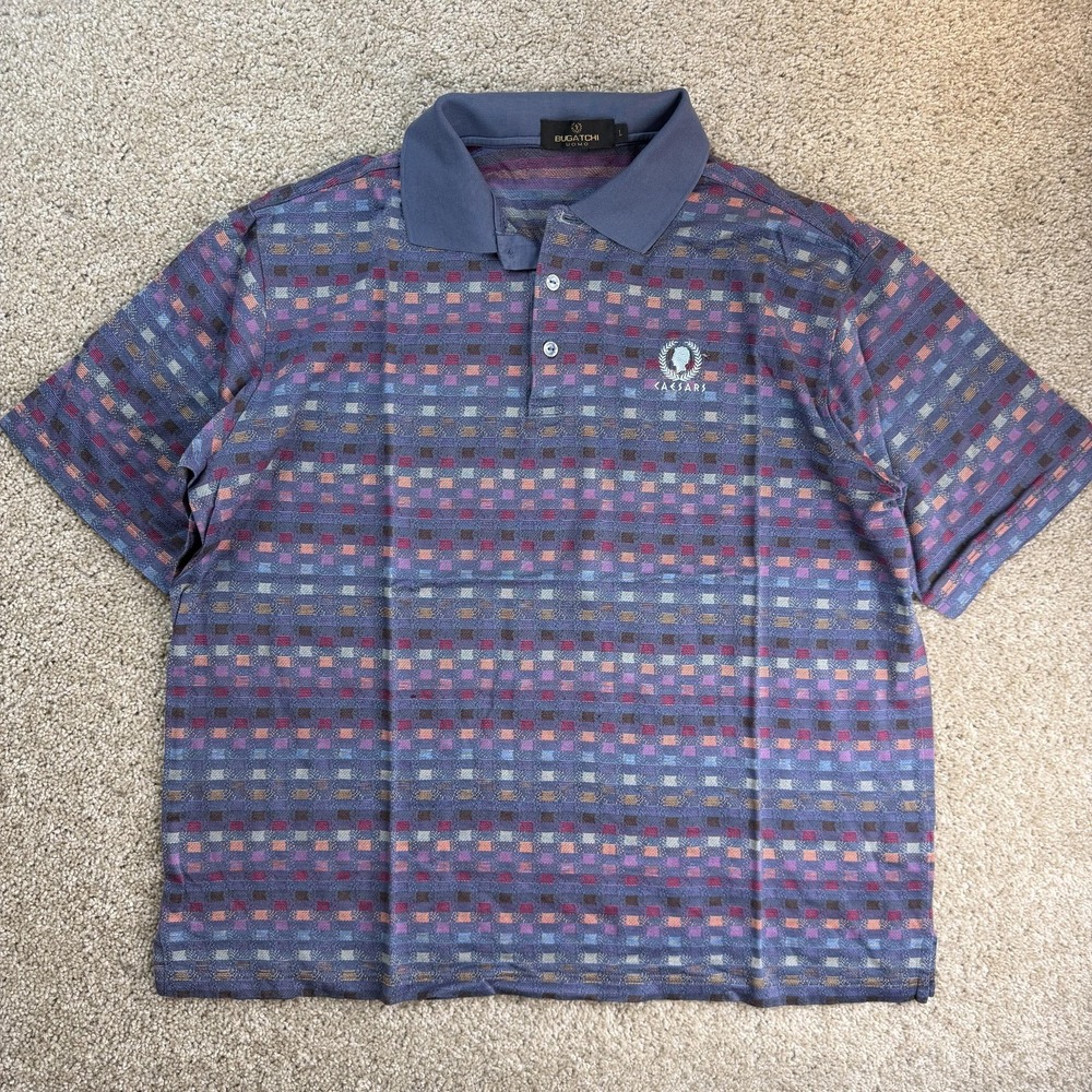 Bugatchi Caesars Polo Shirt Mens L Blue Geometric Egyptian Cotton Short Sleeve